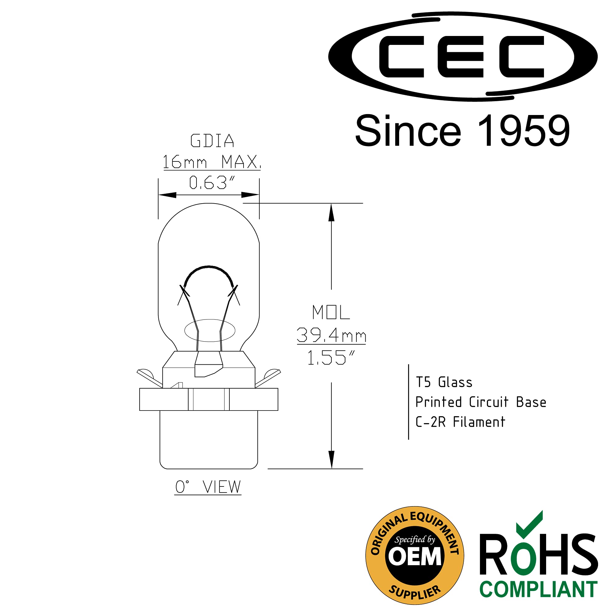 CEC Industries PC579 Bulbs, 12.8 V, 10.2 W, Printed Circuit Base